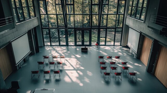 Modern classroom with red chairs arranged for a session, surrounded by nature outside