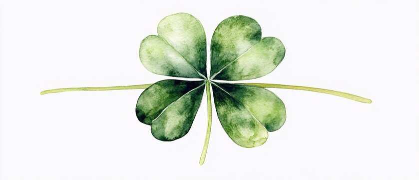 Watercolor painting of a four leaf clover on a white background with a delicate green stem