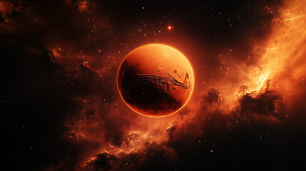 星々に囲まれた宇宙空間に浮かぶ惑星、火星