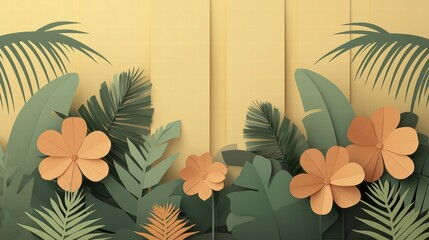 Vibrant Tropical Leaves and Flowers Digital Illustration on Soft Yellow Background for Nature-themed Projects and Home Decor - Perfect for Inviting Designs