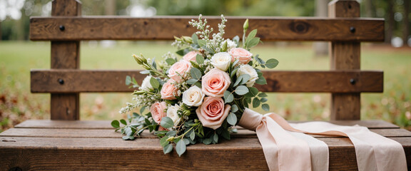 Elegant bridal bouquet resting on wooden bench in garden, wedding decor