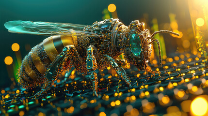 A close-up view of a futuristic robotic bee perched on a vibrant digital landscape, showcasing technology