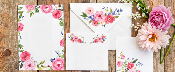 Floral wedding invitation suite on vintage wood surface, romantic celebration