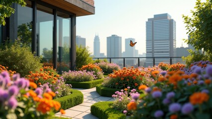 Rooftop garden with wildflowers, butterflies, greenery, and city skyline view	