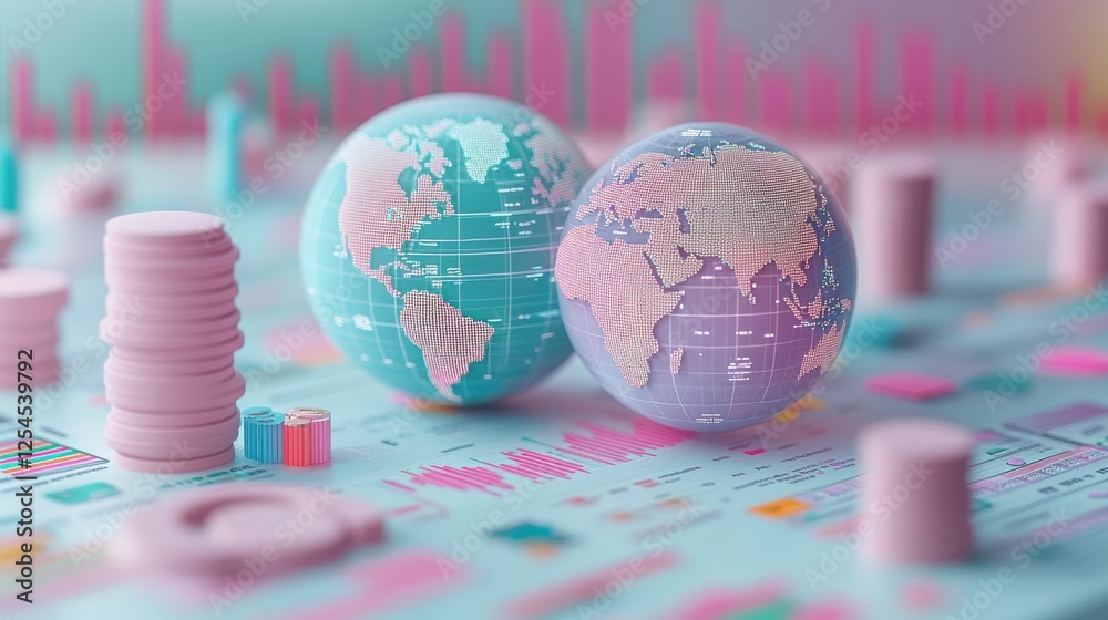 Poster a colorful representation of the globe with data charts and coin stacks, symbolizing global finance 