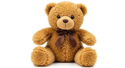 Obraz premium Cute Brown Teddy Bear Sitting with Ribbon Bow on White Background