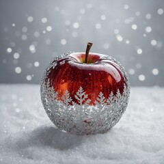 A Christmas crystal apple, adorned with sparkling snow pure white background