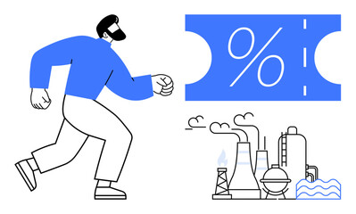 Man running towards a blue percentage voucher and an industrial plant with smoke stacks and machinery. Ideal for business incentives, industrial promotions, economic growth, manufacturing benefits