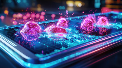Vibrant digital visualization of molecular structures on a futuristic smartphone screen at night