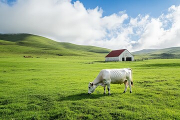 Obraz premium A cow grazing in a green pasture with a barn in the background