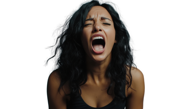 Furious hispanic woman screaming with closed eyes and transparent background - Powered by Adobe