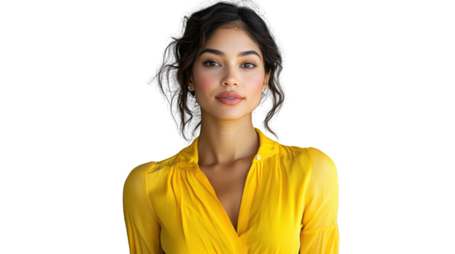 Confident young woman posing on transparent background, wearing yellow blouse