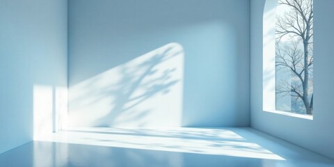 Fototapeta premium Serene Minimalist Room Interior with Sunlight and Tree Shadow Projections through Windows