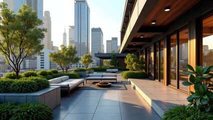 Obraz premium Modern rooftop garden with wooden deck, lounge chairs, greenery, and city view 