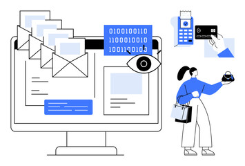 Computer screen with emails and coding, eye symbol for security, payment terminal, hand with credit card, woman shopping. Ideal for e-commerce, online security, digital payment, shopping