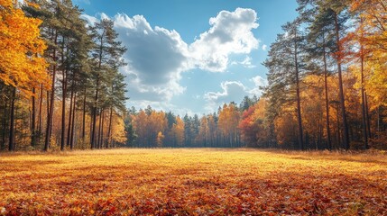 Fototapeta premium Vibrant autumn landscape showcasing colorful foliage in a serene forest under a clear sky