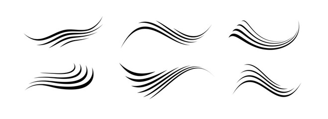 Fototapeta premium Flowing wind motion line set. Air wave shape collection. Blowing hurricane, breeze or storm lines concept. Black swirls, curves and spirals bundle. Air movement and gust symbol pack. Vector 