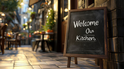 Welcome sign on chalkboard outside cozy kitchen, inviting guests to enjoy warm atmosphere and delicious food. charming setting enhances dining experience