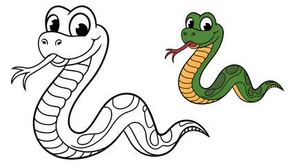 Fototapeta premium Cartoon-style coloring page of a snake with a colored example, perfect for kids' activities, wildlife learning book, isolated on white background