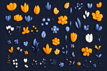 Orange blue flowers design elements