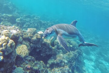 Obraz premium A dolphin and a sea turtle swimming near a coral reef