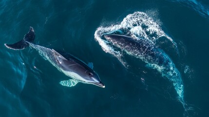 Fototapeta premium A dolphin and a whale swimming together in the ocean waves