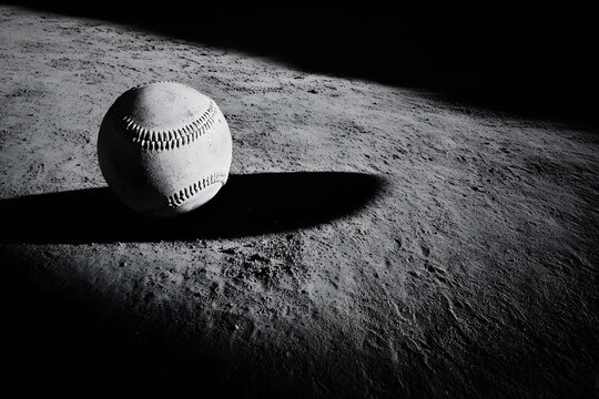 Baseball on a grassy field with a long shadow stretching across the ground at dusk