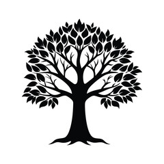 Obraz premium Symmetric tree silhouette with lush leaves and strong roots, black oak tree vector icon on white background, organic nature symbol for eco branding, botanical life illustration for logo design.