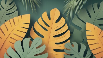 Vibrant Tropical Leaves Illustration with Shades of Green and Orange for Creative Backgrounds and Nature-Themed Designs, Perfect for Artistic Projects or Decor.