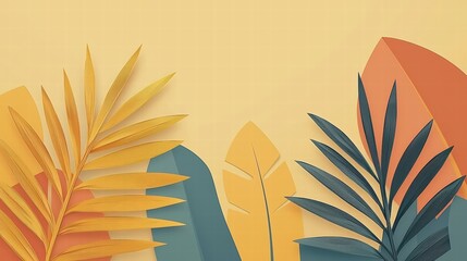 Vibrant Tropical Leaves in Orange and Blue Against a Soft Yellow Background for Summer-Themed Art and Design