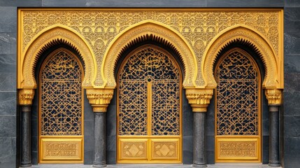 Obraz premium Luxurious gold Arabic door frame with intricate carvings, traditional Islamic window shape, geometric patterns, and ornate arch details