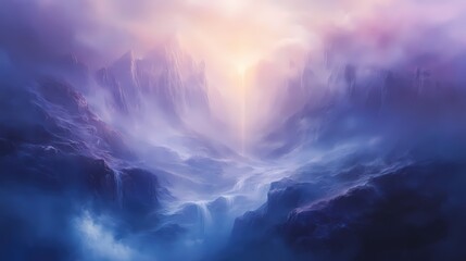 Ethereal mountain landscape with fog and waterfalls under a soft golden light at sunrise