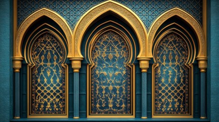Obraz premium Luxurious gold Arabic door frame with intricate carvings, traditional Islamic window shape, geometric patterns, and ornate arch details
