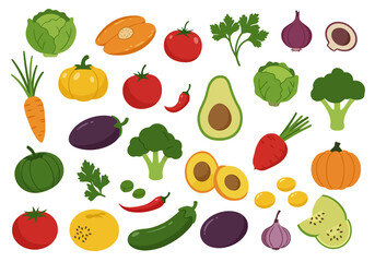 Food illustrated. This image shows various colorful vegetables and fruits. Vector art design.