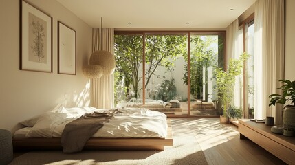 Fototapeta premium Serene Bedroom with Natural Light and Indoor Garden View
