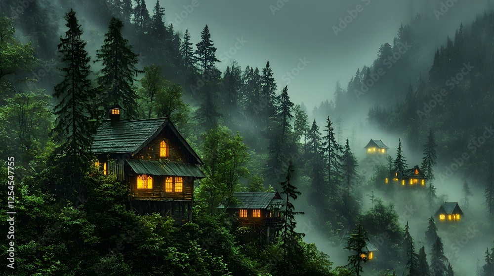 Poster a hidden mountain cabin nestled deep within a misty forested landscape glowing with an aura of encha