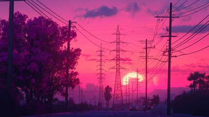 Majestic Sunset Over Cityscape with Power Lines and Blossoming Trees in Vibrant Purple and Pink Sky