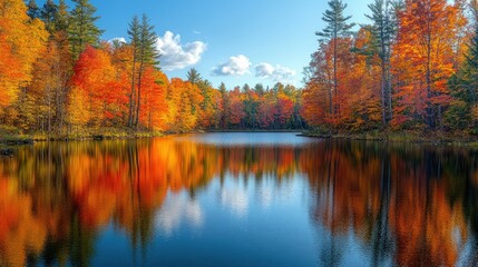 Fototapeta premium Serene autumn landscape showcasing vibrant orange and yellow foliage reflecting in calm water