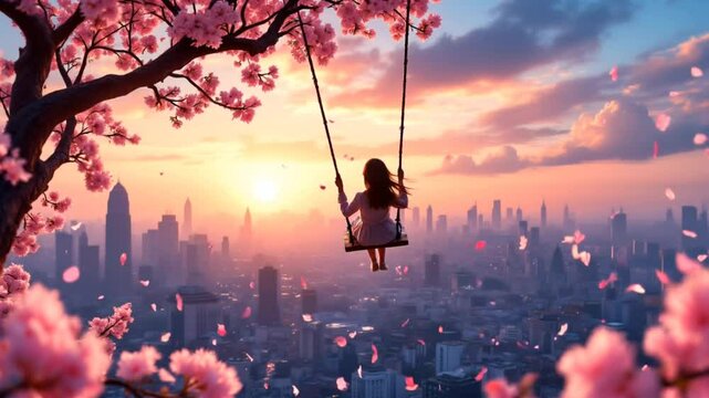 A girl on a swing under cherry blossoms overlooking city skyline at sunset. Dreamy urban nature concept  
