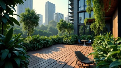 Fototapeta premium Modern rooftop garden with green lawn, seating area, and city view 
