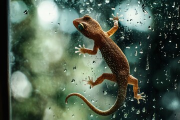 Fototapeta premium A gecko climbing up a glass window,