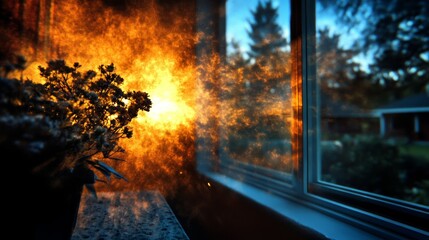 Dried flowers in a pot sit by a window, with a fiery sunset reflected in the glass. Warm, vibrant tones fill the image, contrasting with the cool evening outside.