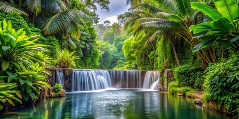 Water flows gently through a serene jungle dam, surrounded by lush tropical foliage and vibrant greenery , outdoors, foliage