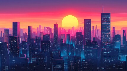 Obraz premium Synthwave Cityscape at Sunset: A Vibrant Digital Artwork