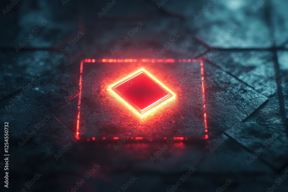 Poster Microchip glowing with red illumination on textured surface in futuristic environment. Generative AI