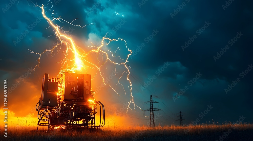 Aufkleber dramatic scene of a powerful lightning strike hitting an electrical transformer causing a dramatic e
