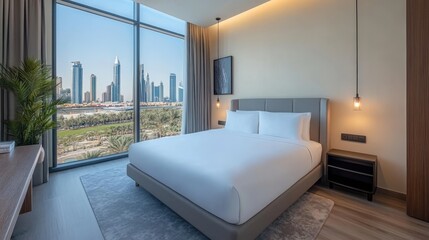 A spacious luxury hotel room featuring a king-size bed, elegant decor, and a stunning city view through floor-to-ceiling windows.