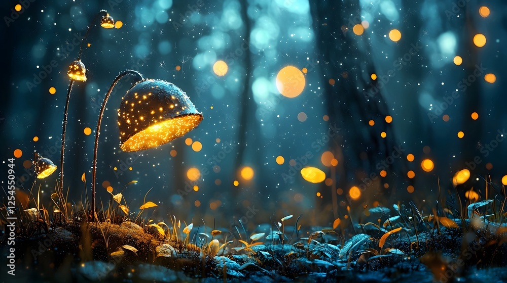 Aufkleber Enchanted forest scene with floating glowing orbs of light and sparkling fairy dust creating a magical mystical and whimsical atmosphere  Tranquil and serene nighttime landscape with a fantasy feel