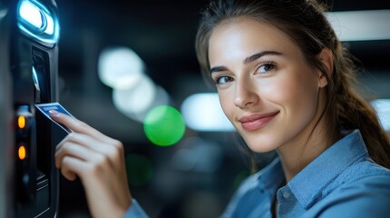 Smiling Young Female Driver Reaching Out of Her Car Dashboard While Navigating Through Busy Urban City Traffic on the Road  Concept of Modern Transportation Commuting and Career Success
