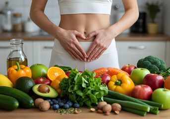 wellness and digestion care with woman’s hands on stomach and nutritious superfoods